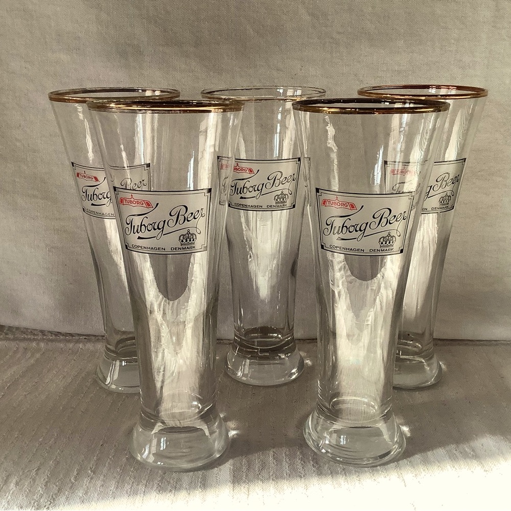 Elegant Antique Tuborg 14k Gold Rim Beer Glasses, Copenhagen, Denmark, Set of 5